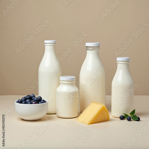 Several glass bottles contain white liquid, possibly milk or yogurt. A piece of cheese sits nearby with blueberries in a bowl. Products on neutral background for healthy breakfast ideas.
