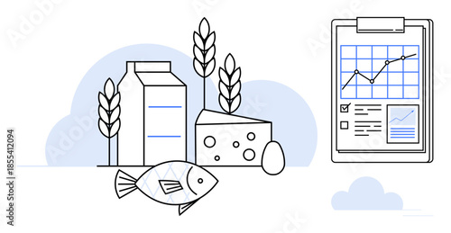 Food production, sustainability, agriculture, market analysis, nutrition, consumption trends. Milk carton, wheat cheese fish and clipboard with chart. Food production and sustainability