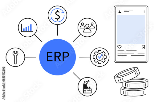Business management, enterprise planning, finance control, data analysis, workflow integration, technology operations. Blue ERP circle linked to tools, graphs mobile interface coins. Business