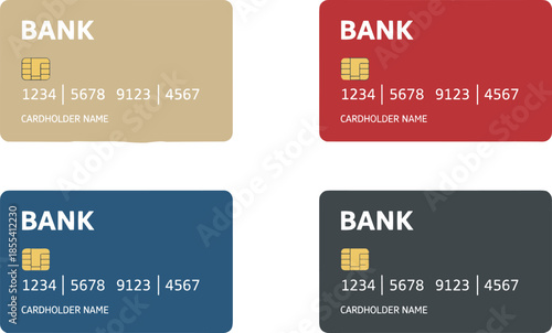 Bank card template, credit card design, chip icon, financial vector, payment method, colorful layout, cardholder name, editable mockup