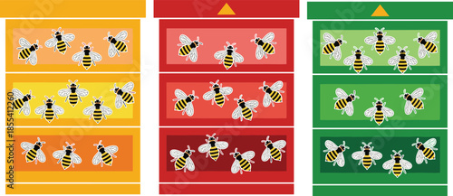 Bee classification puzzle panels, colorful insect sorting, educational vector design, striped bees illustration, visual logic game, cartoon style