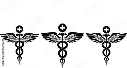 Caduceus symbol set, medical emblem, healthcare icon, winged staff, serpent design, vector illustration, black and white, hospital logo, medicine graphic