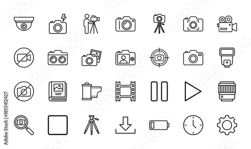 Photography line icon set. Vector pictograms of camera, lens, tripod, film strip, flash, memory card, album, and settings, thin outline illustration.