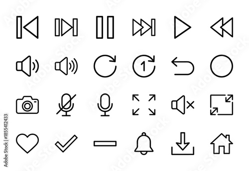 Media player line icon set. Vector pictograms of play, pause, record, volume, microphone, repeat, download, home, heart, and bell, thin outline illustration.