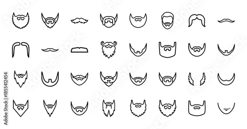 Barbershop icon set. Vector pictograms of beard, mustache, goatee, whiskers, stubble, sideburns, and facial hair grooming styles, black outline illustration.