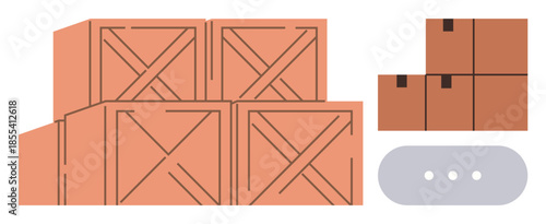 Stacked wooden crates, grouped cardboard boxes, and a conveyor belt representing logistics, storage, shipping, manufacturing, organization, warehouse management and distribution. Clean flat metaphor