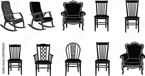 Chair silhouette collection, black and white vector, furniture design, dining chairs, armchairs, rocking chairs, interior decor, flat illustration