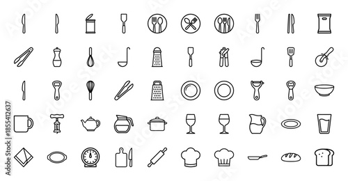 Kitchen and cooking line icon set. Vector pictograms of knife, whisk, rolling pin, grater, spatula, pot, plate, glass, bread, and chef hat, thin outline illustration.
