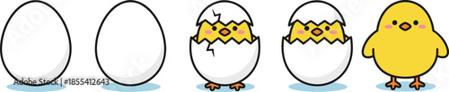 Chick hatching stages, cartoon egg crack, cute bird emergence, spring illustration, farm animal vector, playful design, baby chick growth