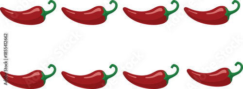 WebChili pepper set, spicy vegetable, red hot food, green stem, symmetrical layout, vector illustration, cooking ingredient, kitchen design