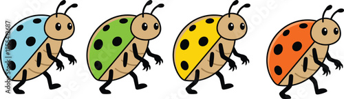 Colorful cartoon ladybug characters set walking illustration, cute insects collection in blue green yellow orange for kids design and educational graphics