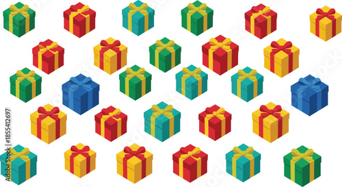 Colorful gift box grid, festive wrapping design, ribbon combinations, holiday celebration, present pattern, educational visual, cheerful packaging layout