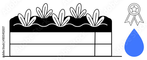 Agriculture, sustainability, water conservation, eco-friendly farming, irrigation, crop growth. Illustration soil layers, plant growth water drop and award ribbon. Agriculture and sustainability