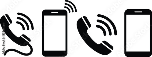 Communication device icons, phone handset, smartphone symbol, ringing call graphic, mobile interface, black silhouette, telecommunication vector, UI design