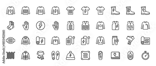 Heated clothing line icon set. Vector pictograms of thermal jacket, vest, gloves, socks, boots, scarf, blanket, sleeping bag and apparel, thin outline illustration.