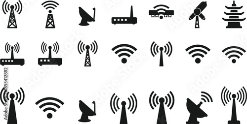 Communication icons vector, broadcasting symbols set, wireless signal tools, radio tower illustration, satellite dish, flat design, cad drawing flat vector illustration