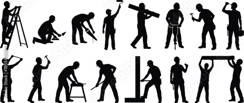 Construction worker silhouettes, labor tasks, industrial tools, hard hats, black illustration, job site activity, physical work, white background, icons