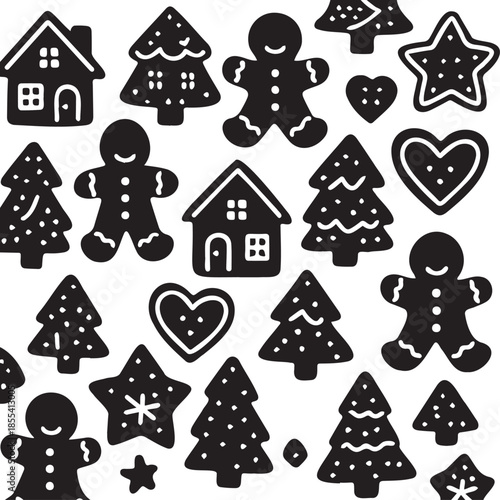 Hand Drawn Black Christmas Gingerbread Cookie Shapes Seamless Pattern Vector