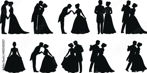 Couple silhouette dance, wedding pose vector, romantic formal attire, ballroom illustration, love moment, black icon set, elegant design
