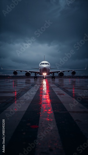 Airplane on runway under dark, stormy sky