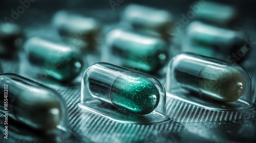 medical capsules blister pack, pharmaceutical pills closeup, green medicine capsules
