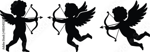 Cupid silhouette, flying cherub, bow and arrow, Valentine icon, love symbol, romantic illustration, black figure, isolated, white background, curly hair