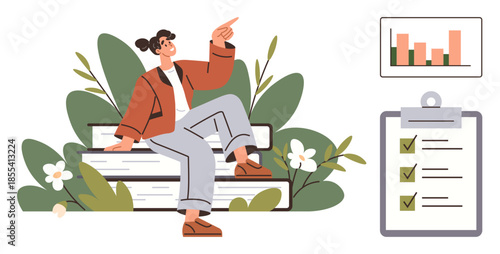 Young woman sitting on books, pointing while surrounded by nature. Chart shows data, checklist highlights tasks. Ideal for education, goals, organization, planning, creativity productivity personal