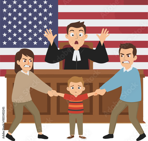 Custody battle courtroom illustration, emotional family dispute artwork, judge child conflict scene, legal tension concept, justice system graphic