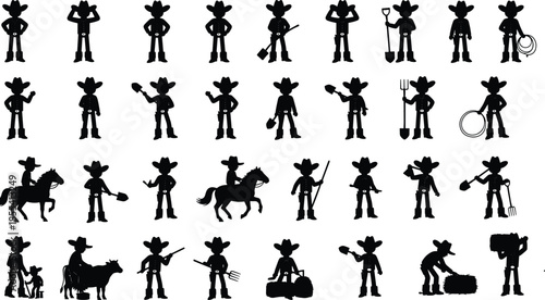 Cowboy silhouettes, ranch life, western poses, farming tools, horse riding, livestock care, rural lifestyle, cowboy tasks, black figures, traditional ranching, silhouette grid