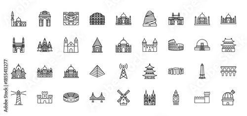 Architecture and landmark icon set. Vector line pictograms of temple, castle, bridge, tower, pyramid, palace, stadium, windmill and observatory, thin outline illustration.