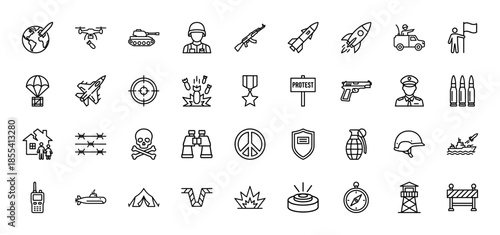 War and military line icon set. Vector pictograms of soldier, tank, missile, drone, submarine, aircraft, weapon, and peace symbol, thin outline illustration.