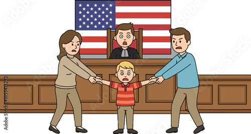 Custody battle courtroom illustration, legal dispute artwork, emotional family conflict scene, judge child parents graphic, justice concept design