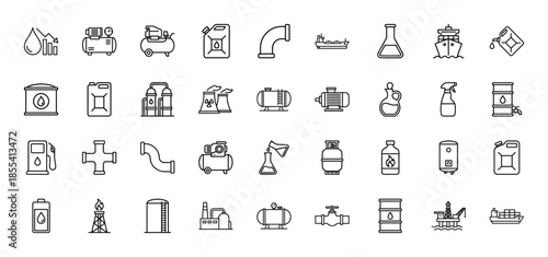 Industrial energy and petroleum line icon set featuring vector pictograms of oil rigs, pipelines, barrels, gas tanks, tankers, and refineries in a thin outline style.
