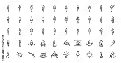 Fire and flame icon set. Vector pictograms of torches, candles, gas stoves, campfires, fireplaces, lanterns, matches, sun, and lightning, thin outline illustration.