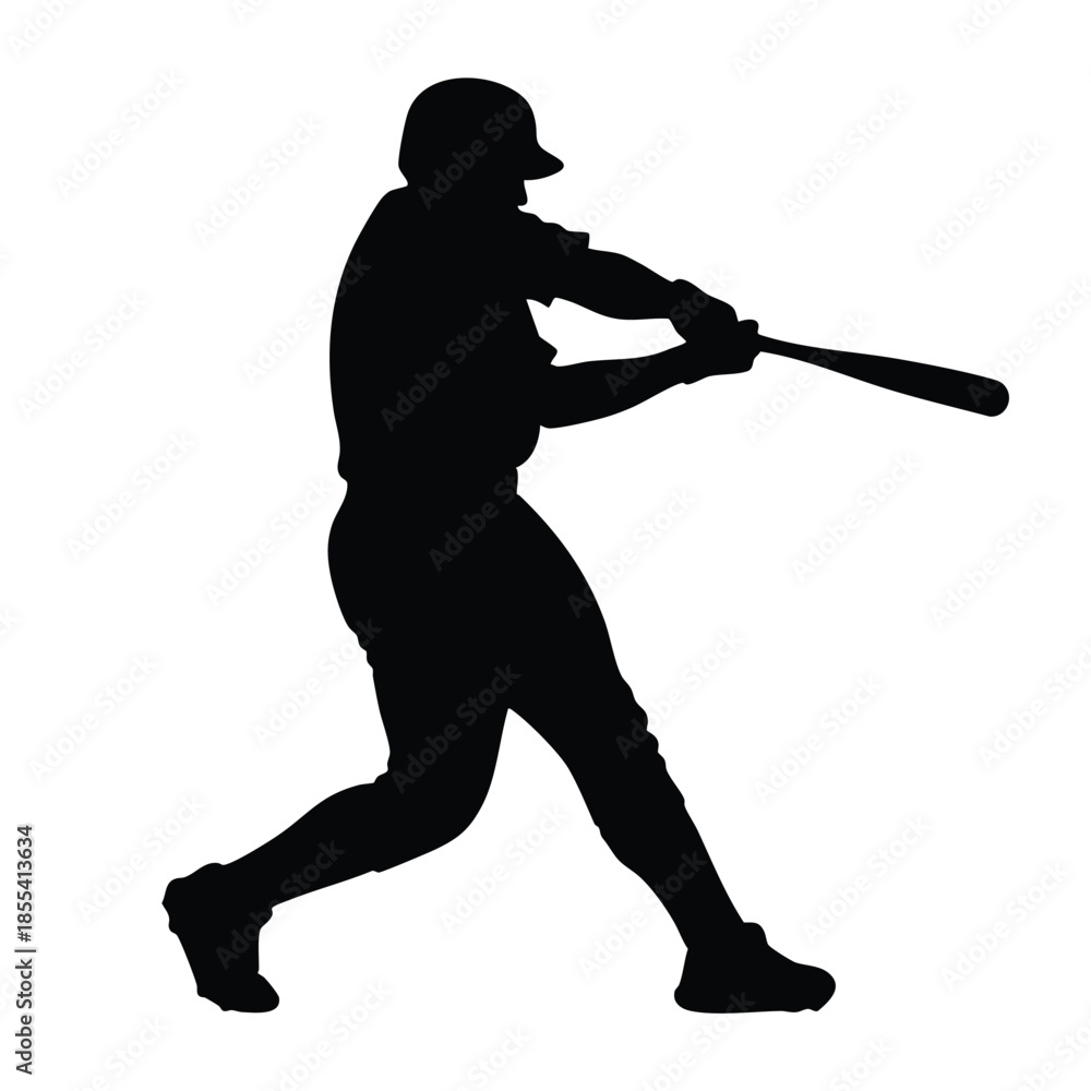 Obraz premium A cartoon-style silhouette of a baseball player swinging a bat in a dynamic pose against a clean white background with a cute and playful mood.