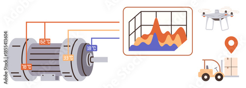 Motor with temperature sensors connected to a data graph, alongside a quadcopter, forklift, and location marker. Ideal for IoT, smart technology, automation, logistics, data tracking and modern