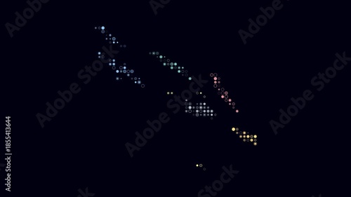 Solomon Islands animation. Shape of the country with pulsating colored dots. Small size circle blocks. Digital style Solomon Islands map on dark background. Artistic video.