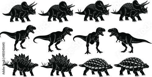 Dinosaur silhouette set, Triceratops, T-Rex, Stegosaurus, Ankylosaurus, black vector illustration, prehistoric animals, flat design, educational graphic
