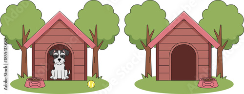 Doghouse scene, cartoon dogs, pet shelter, food bowls, grassy yard, playful pets, outdoor setting, symmetrical layout, trees, wooden doghouses