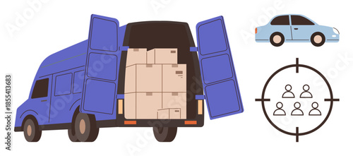Delivery van loaded with boxes, a small car, and target focus over a group symbol. Ideal for logistics, delivery service, transportation, tracking, supply chain teamwork targeting. Simple flat