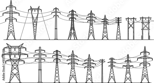 Electrical transmission tower set, utility pole illustration, black schematic design, power line infrastructure, energy distribution artwork, vector engineering graphic
