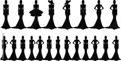 Elegant dress silhouettes, fashion illustration grid, female poses, formal wear design, artistic reference, stylish women, black vector collection