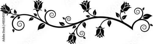 Elegant floral vine design, black ornamental roses, decorative botanical pattern, vintage swirl artwork, symmetrical flower motif, graceful leaf illustration, vector