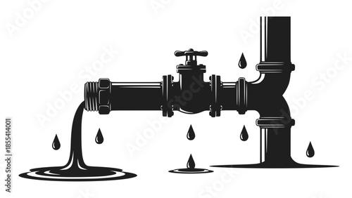 Leaking pipe with flowing water, cartoon illustration isolated on white background. Concept of economical water consumption. Transparent background SVG version.