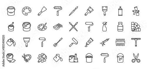 Home improvement and painting icon set. Vector pictograms of paint buckets, rollers, brushes, palette, spray can, putty knife, and scraper, thin outline illustration.