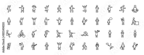 Human activity line icon set. Vector pictograms of people running, swimming, cycling, working, sleeping, and exercising, thin black outline illustration.