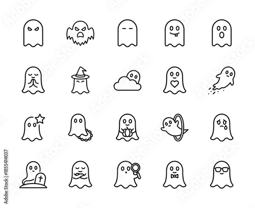 Ghost line icon set. Vector pictograms of phantom, spook, spirit, pumpkin, tombstone, magnifying glass, heart, cloud, star, and chain, thin outline illustration.