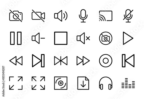 Multimedia and video player line icon set. Vector pictograms of camera, microphone, volume, play, pause, record, stop, and rewind, thin outline illustration.