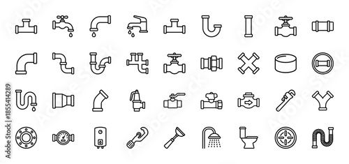 Plumbing line icon set. Vector pictograms of pipe, faucet, valve, tap, joint, heater, wrench, shower, toilet, plunger, and water meter, thin outline illustration.
