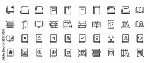 Education and library line icon set. Vector pictograms of books, textbook, shelf, e-reader, certificate, globe, and reading glasses, thin outline illustration.